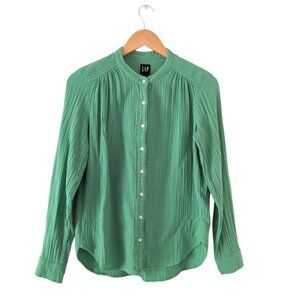 Crinkle Gauze Green Button-Down Shirt